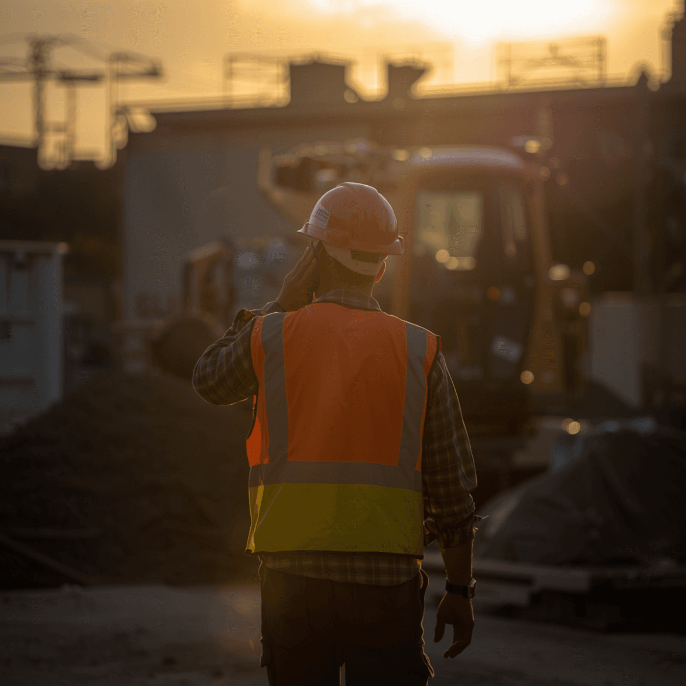 Contractor on a call at the jobsite at sunset