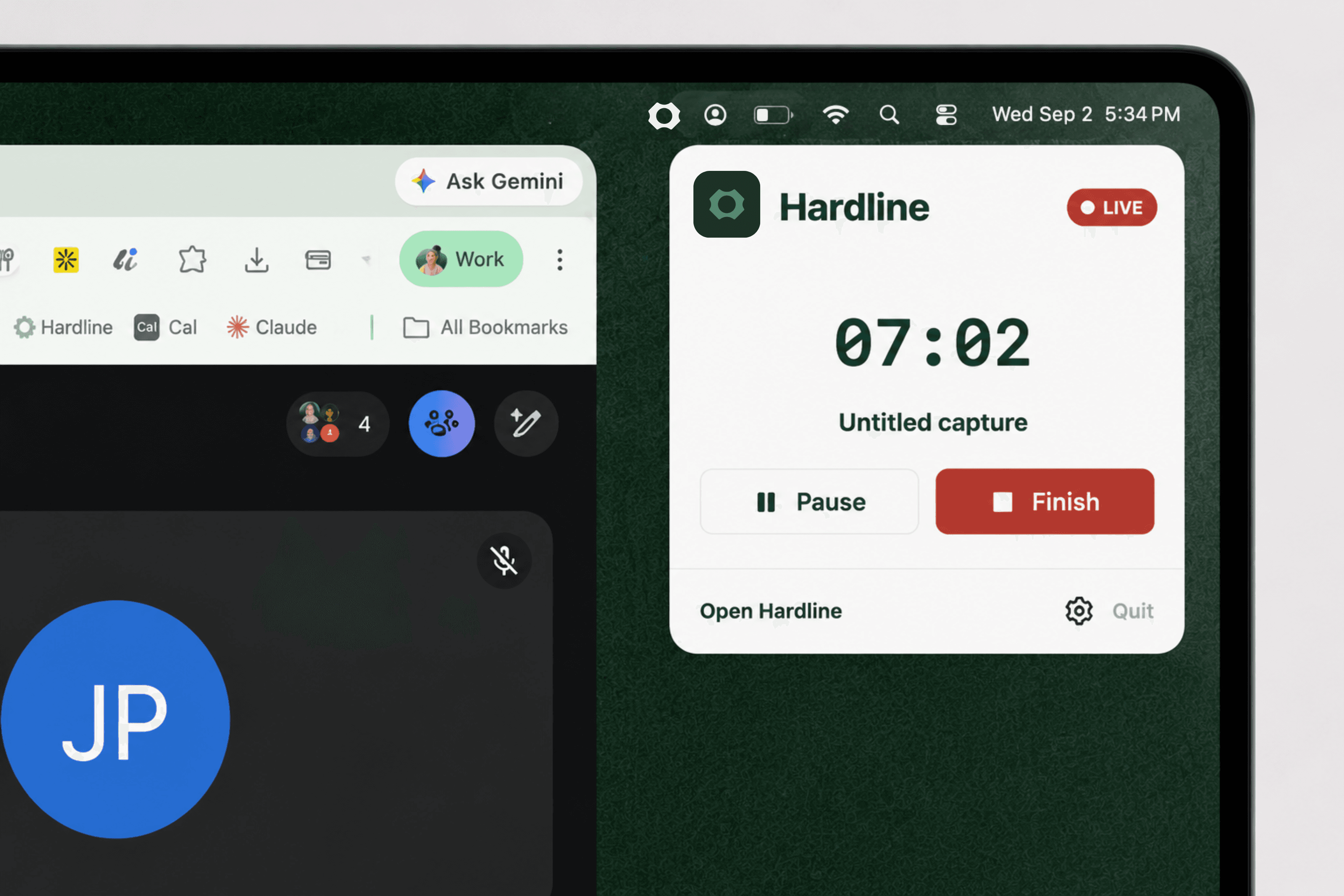 The corner of a Mac screen during a Google Meet call, with the Hardline menu bar widget live at 07:02 showing Pause and Finish controls