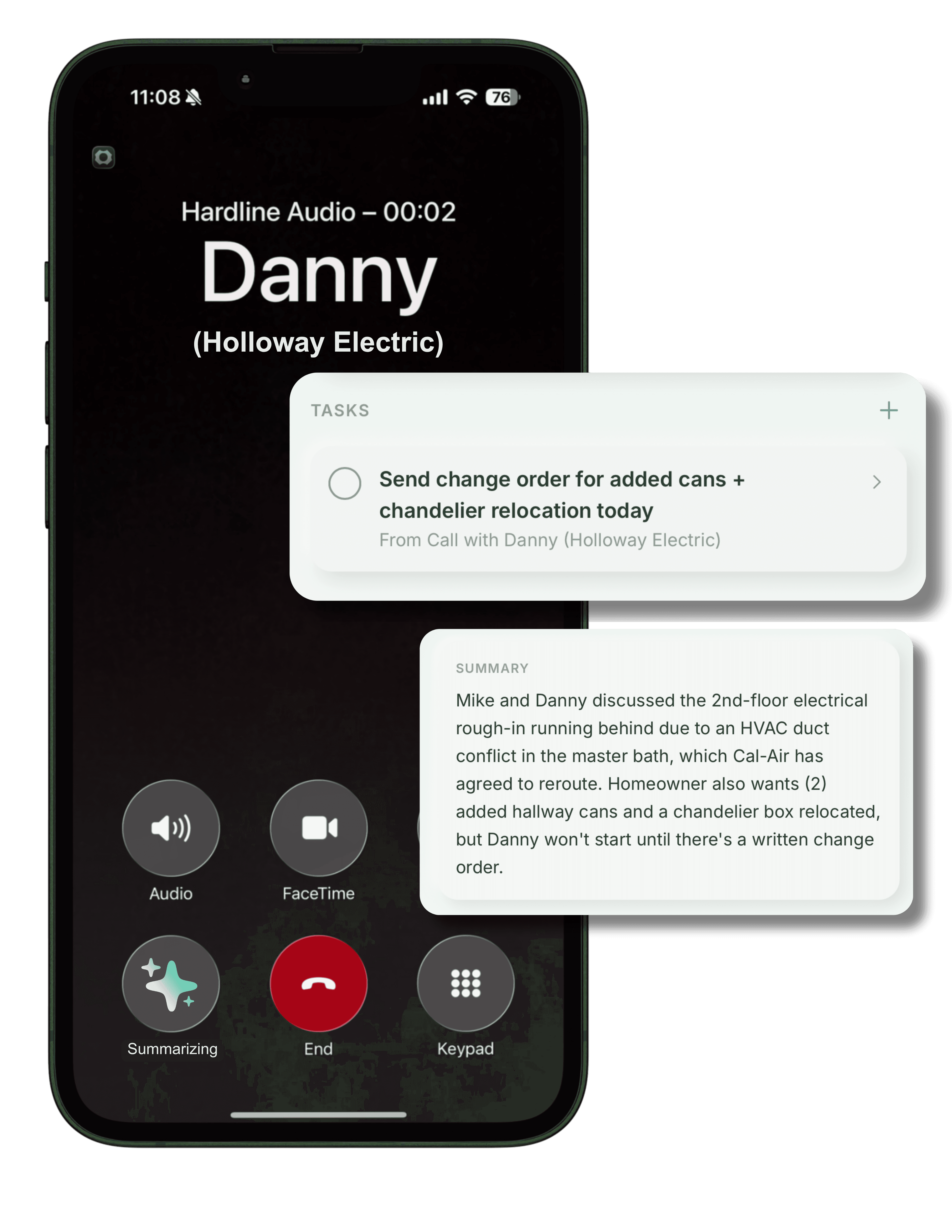 A Hardline call with Danny from Holloway Electric, with the task and summary it generated