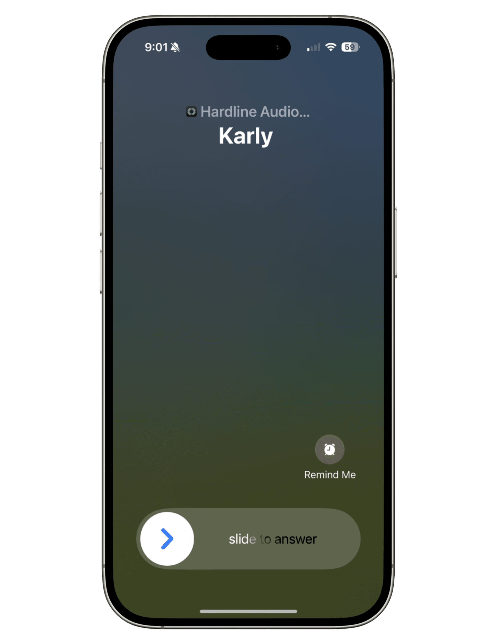 An iPhone showing an incoming Hardline audio call from Karly on the native call screen