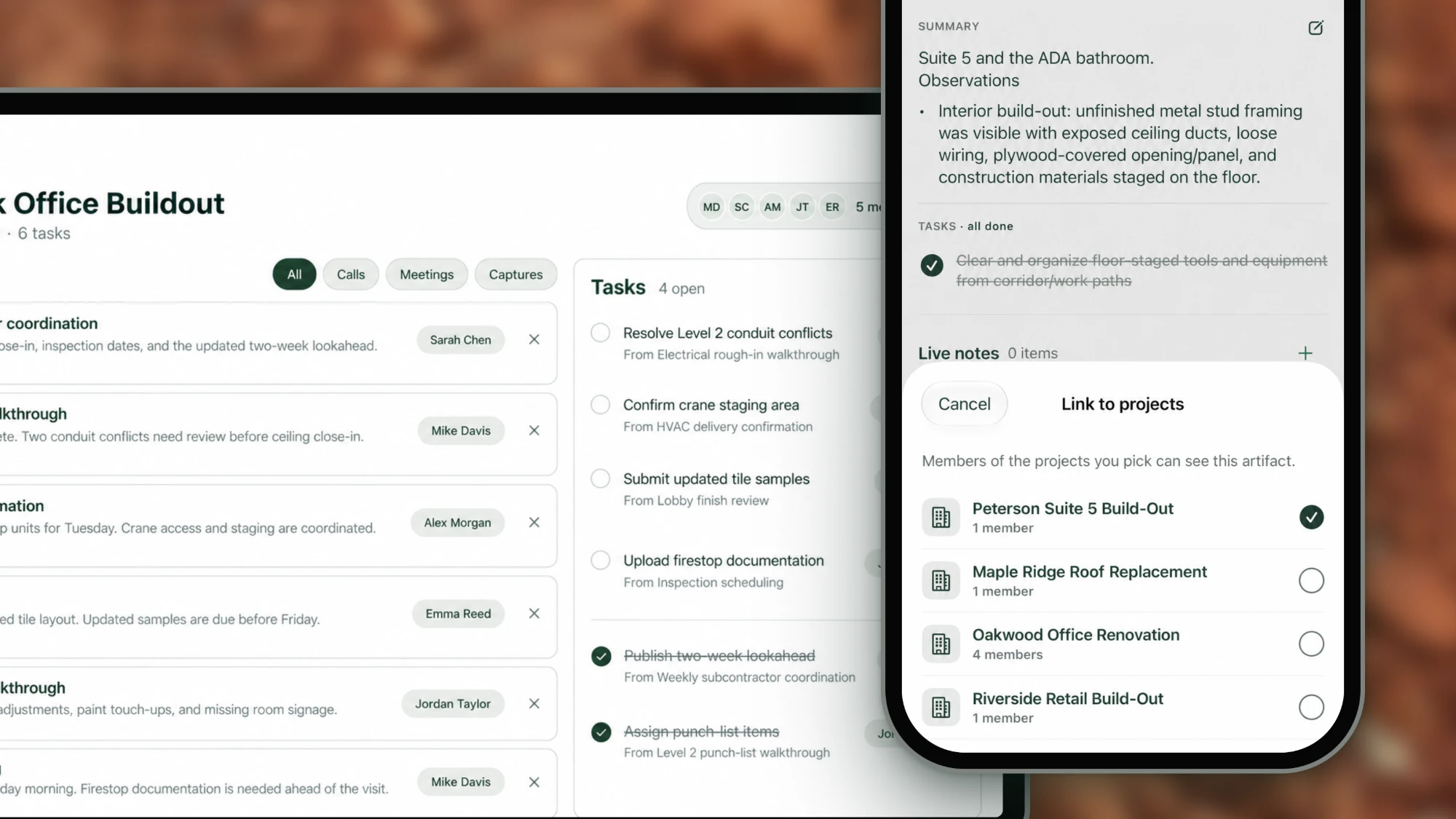 A Hardline project with its meetings, calls and captures in one list, open tasks by source, and a site note being linked to the projects that can see it